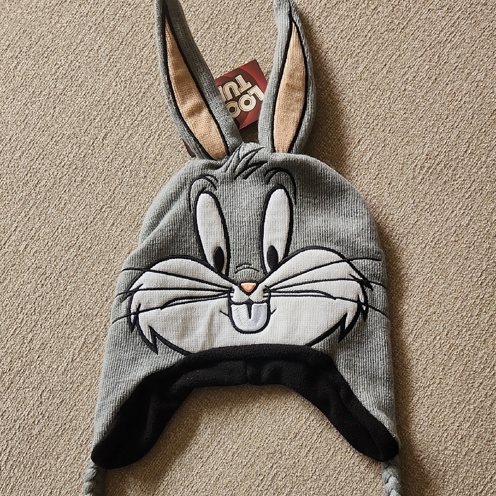 Warner Bros.◇ BUGS BUNNY 3D Knit Tobbogan Beanie Hat with Ears & Tassles ◇ NEW
